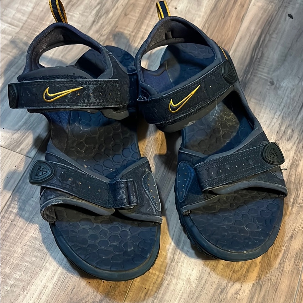 Nike Blue and Yellow Sandals with Adjustable Straps and Cushioned Sole